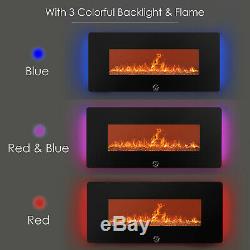 1400W Wall Mounted Electric Fireplace Heater Fire Remote Control LED Backlit