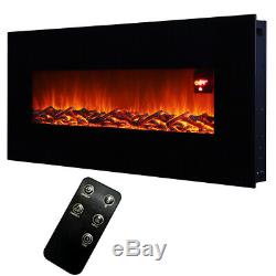 50In Wide Electric Fire Black Wall Mounted Flat Glass Hanging Fireplace + Remote