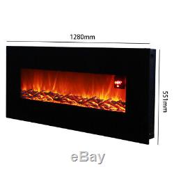 50In Wide Electric Fire Black Wall Mounted Flat Glass Hanging Fireplace + Remote