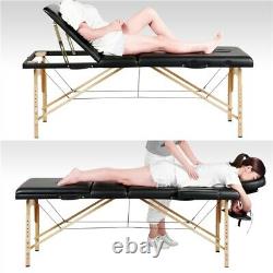 Black Massage Table Portable Beauty Bed Salon Couch Bed Wooden Legs 3 Sections