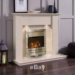 Cream Marble Stone Surround Silver Electric Wall Fire Fireplace Suite Downlights