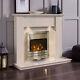 Cream Marble Stone Surround Silver Electric Wall Fire Fireplace Suite Downlights