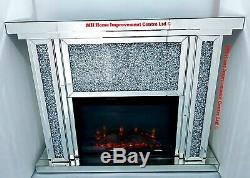 Diamond Crush Crystal Sparkly Silver Mirrored Electric LED Fireplace & Surround