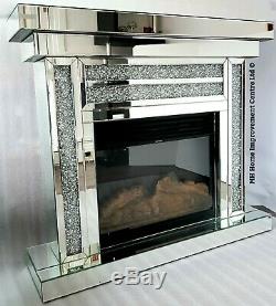 Diamond Crush Crystal Sparkly Silver Mirrored Electric LED Fireplace & Surround