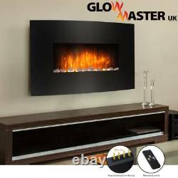 Electric Fire Fireplace Curved Black Glass Wall Mounted Flame Living Room Heater