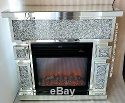 LED Electric Fireplace Surround Mirrored Sparkly Silver Diamond Crush Crystal