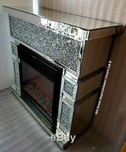 LED Electric Fireplace Surround Mirrored Sparkly Silver Diamond Crush Crystal