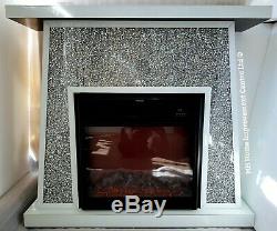 LED Fireplace Surround Sparkly White Mirrored Silver Diamond Crush Crystal