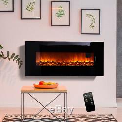 Large Wall Mounted Electric Fire Black Flat Glass with Remote Control 50 Inch UK