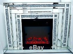 Mirrored LED Fireplace Sparkly Silver Diamond Crush Crystal Dimmable with Remote