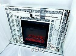 Mirrored LED Fireplace Sparkly Silver Diamond Crush Crystal Dimmable with Remote