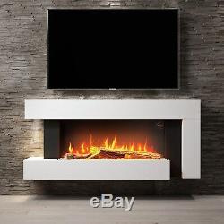 Modern White Electric Wall Fireplace Suite Wooden Surround Remote Control LED