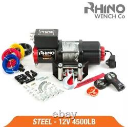 Rhino Electric Winch 12v 4500lbs Steel Cable Heavy Duty Fairlead Remote Control