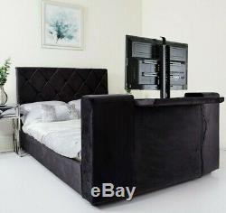 TV Bed Electric Remote Control Lift Up Black Grey Soft Crushed Velvet Headboard