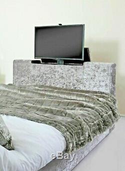TV Bed Electric Remote Control Lift Up Black Grey Soft Crushed Velvet Headboard