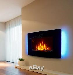Wall Mounted Electric Fireplace Glass Heater Fire Remote Control LED Backlit New