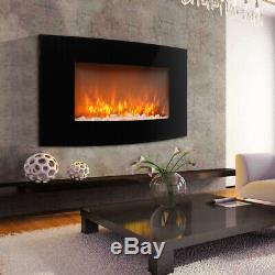 Wall Mounted LED Electric Fireplace Black Glass Front Heater Fire Remote Control