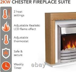 Warmlite Chester Electric Fireplace Suite, Remote Control 2 Heats, LED Flame Oak