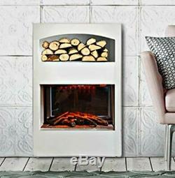 White Electric Fireplace With Log Storage & LED Flame Effect Wall Mounted Fire