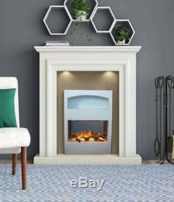 White Fireplace Suite Electric Pebble Fire Decor 3D Inset Flame Log Glass Modern