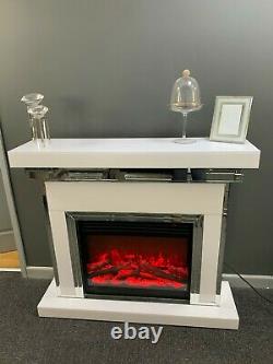 White Glass Mirrored Electric Fire and Fireplace Surround with Remote Control