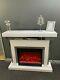 White Glass Mirrored Electric Fire And Fireplace Surround With Remote Control