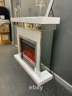 White Glass Mirrored Electric Fire and Fireplace Surround with Remote Control