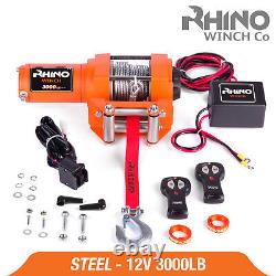 Treuil électrique Rhino 12v 3000lbs avec câble en acier, guide-câble robuste et télécommande