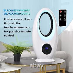 Ventilateur sans lame avec télécommande incluse, lumières LED de couleur, écran et minuterie.